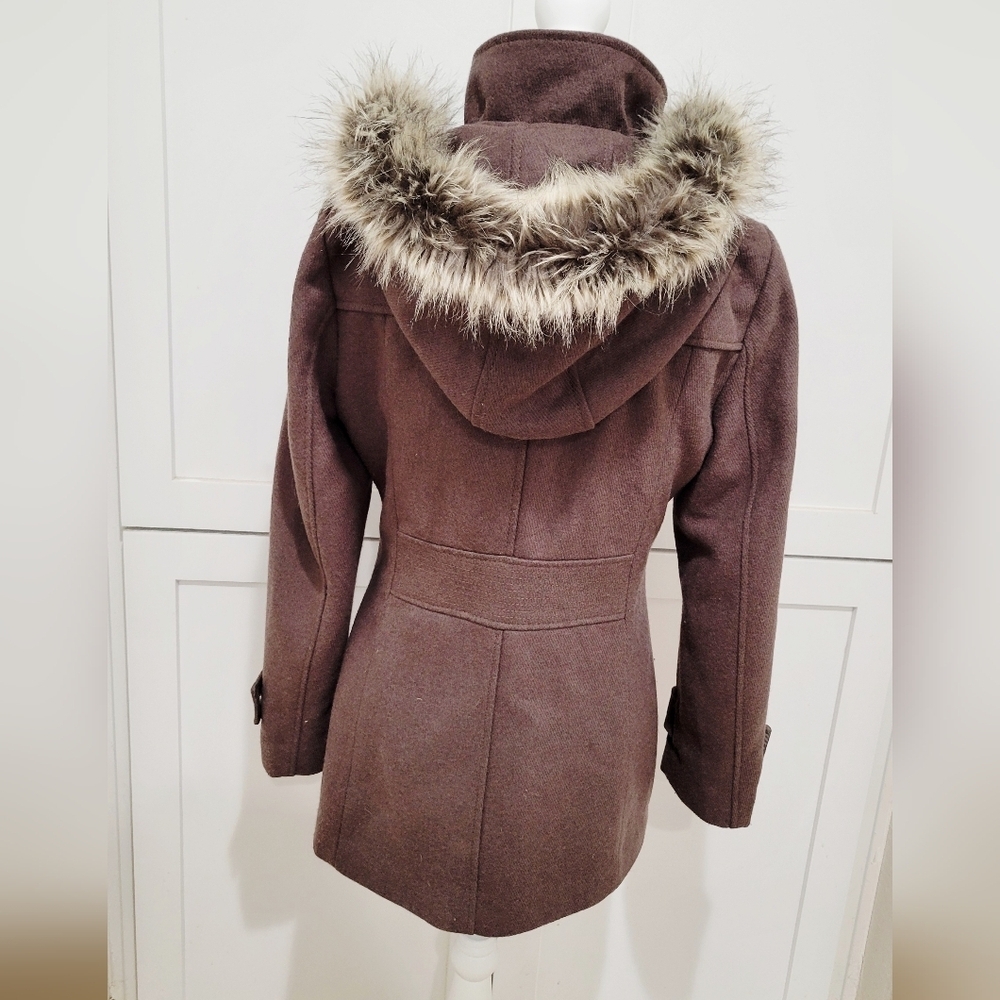 Kenneth Cole Women's Brown Wool Duffle Coat w/ Removable Faux Fur Hood | Size M - Picture 2 of 7